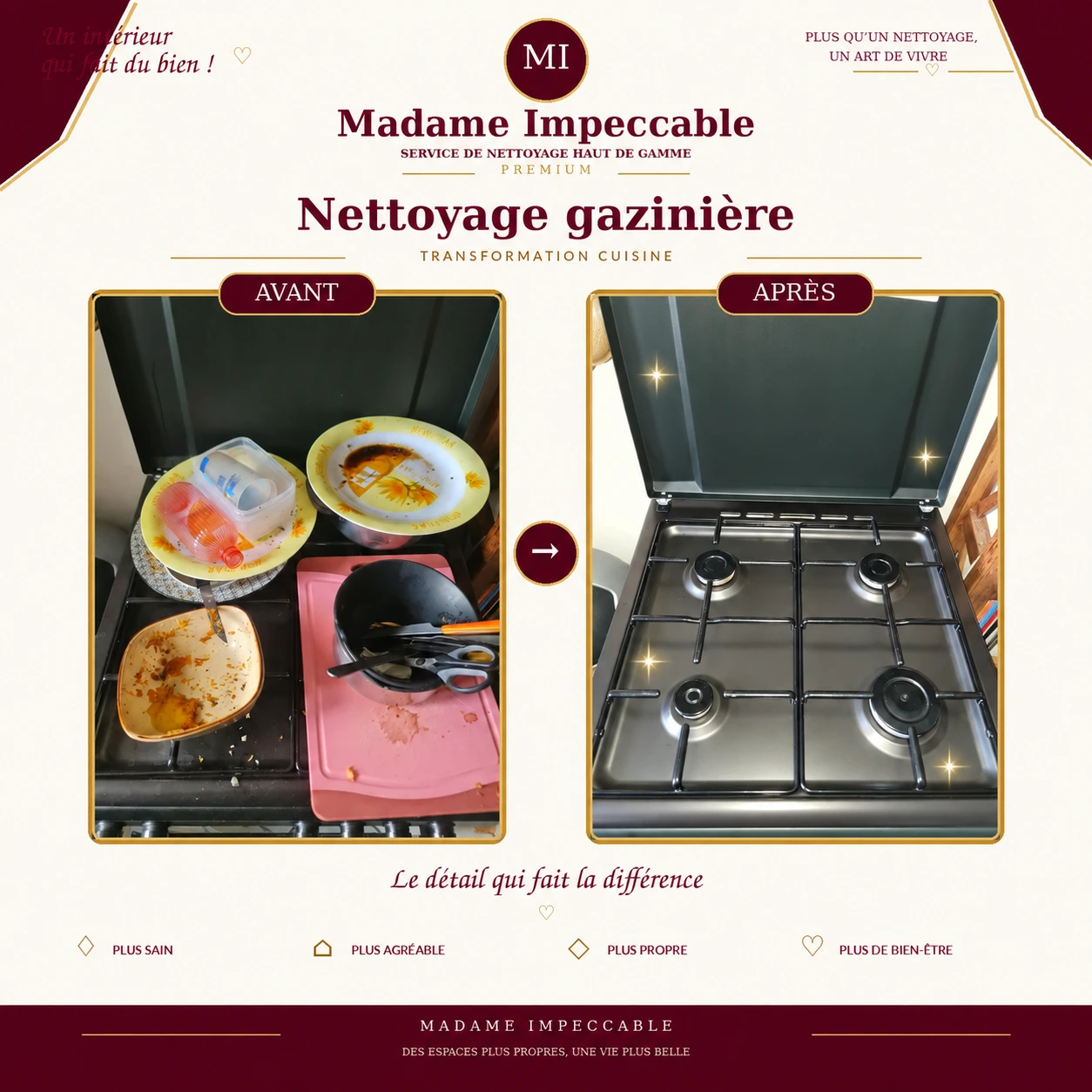 Montage avant après du nettoyage d'une gazinière par Madame Impeccable