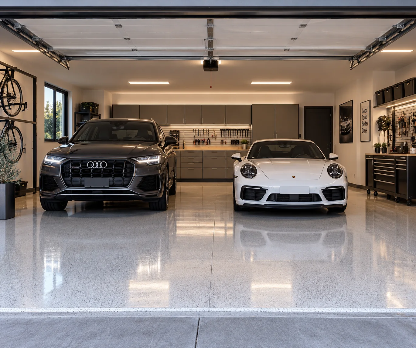 Garage propre et rangé avec sol brillant